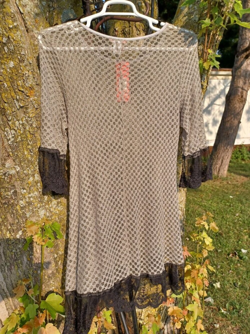 NWT Tunic Top Boho Crochet Mesh Grey Black Lace Bell Sleeve Cover Up Women XL